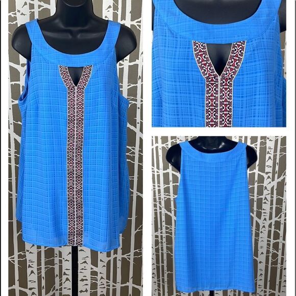 Cornflower Blue Plaid Cut Out Grosgrain Ribbon Trimmed Tunic Top sz L - Picture 1 of 6